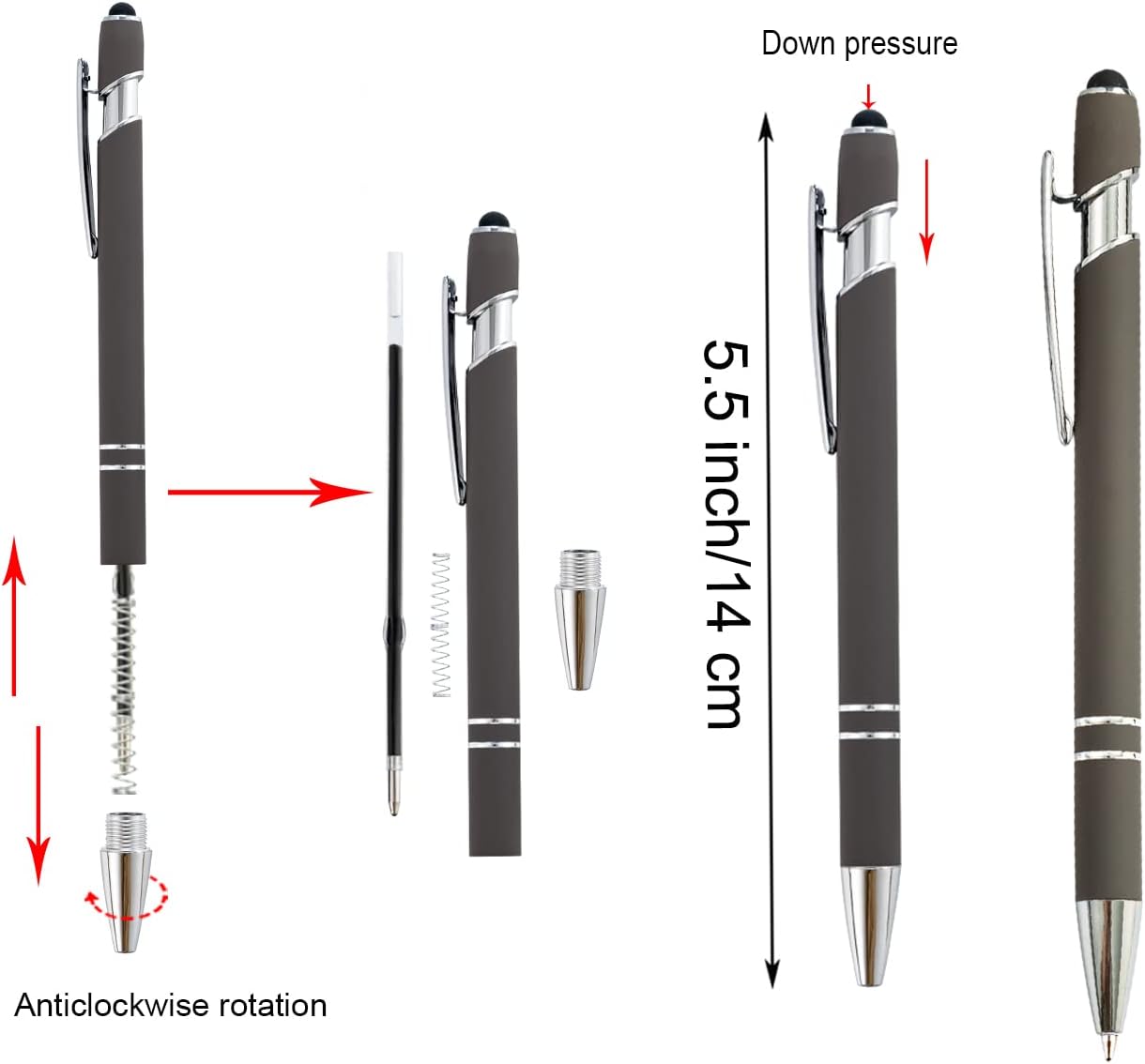 PASISIBICK 3.86 in Blue Ink Refills for Ballpoint Pen with Stylus Tip, Soft Touch Click Pen, 2 in 1 Metal Pens, Medium Point(Pack of 40)
