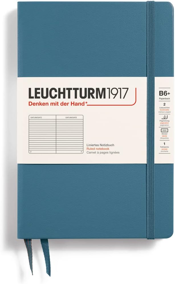 LEUCHTTURM1917 - Notebook Hardcover Paperback B6+ - 219 Numbered Pages for Writing and Journaling (Stone Blue, Ruled)