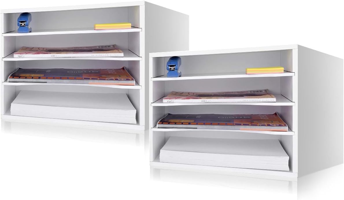 EMERIT 4-Tier Adjustable Paper Organizer, Large Capacity Desktop Organzier for Textbooks/Magazines/Office Files, Wooden Dividers, 7 lbs per Shelf, White