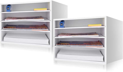 EMERIT 4-Tier Adjustable Paper Organizer, Large Capacity Desktop Organzier for Textbooks/Magazines/Office Files, Wooden Dividers, 7 lbs per Shelf, White