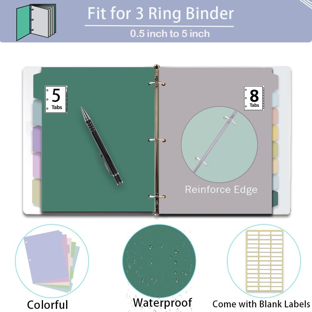 24Pcs/3 Sets Binder Dividers for 3 Ring Binder,8 Tab Binder Plastic Page dividers with Tab,8TAB Set,Multicolor