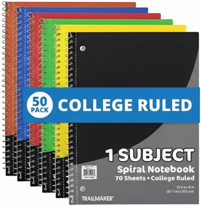 Trail maker Bulk Notebooks (50 Pack), One Subject Notebooks College Ruled, 140 Pages (70 Sheets),Spiral Bulk Notebooks for Kids, School Supplies, Journaling, Note Taking, Students, and Work
