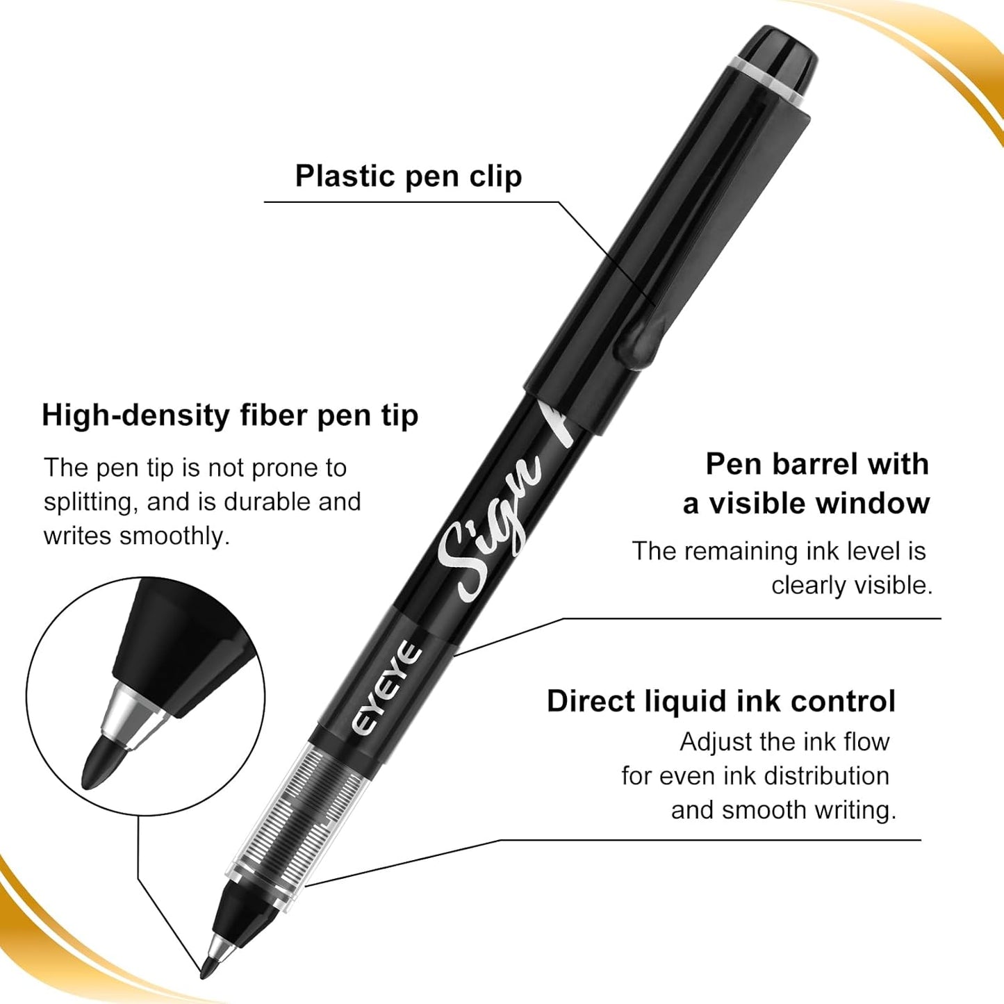 EYEYE Sign Pens 9 Pack (Black Blue Red Green)- 1.0mm Nib Tip - 0.6mm Line, Liquid Ink Sign Pen Smooth Writing - Fineliner Marker Pens Quick Drying