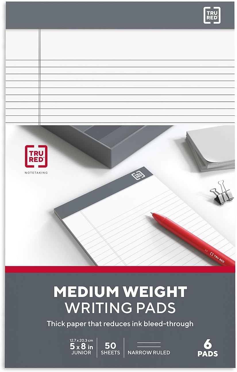TRU RED Notepads, 5” x 8”, Narrow Ruled, Canary, 50 Sheets/Pad, 6‑Pack