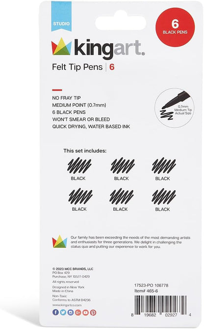 KINGART Studio Felt Tip Pens, 6 Black Ink Markers - 0.7mm Medium Point, Water-Based, Smear-Resistant Pens for Writing, Sketching, and Journaling.