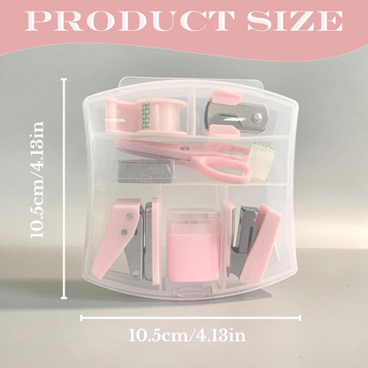 8 Pack Mini Office Supply Kit Portable Case with Scissors,Tape Dispenser Set, Punch,Pencil Sharpener, Mini Stapler with Staples and Staple Remover (Pink)