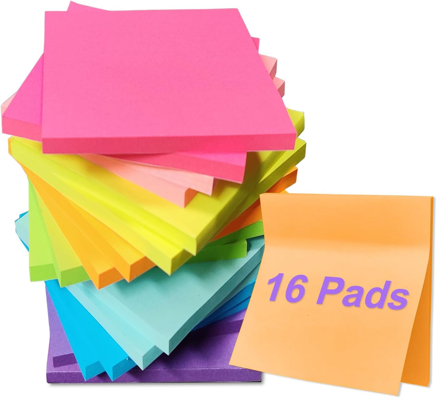 16 Pads Sticky Notes 3x3 Inches, Bright Colors Self-Stick Pads, Sticky Note Pads, Easy to Stick for Home, Office, Notebook