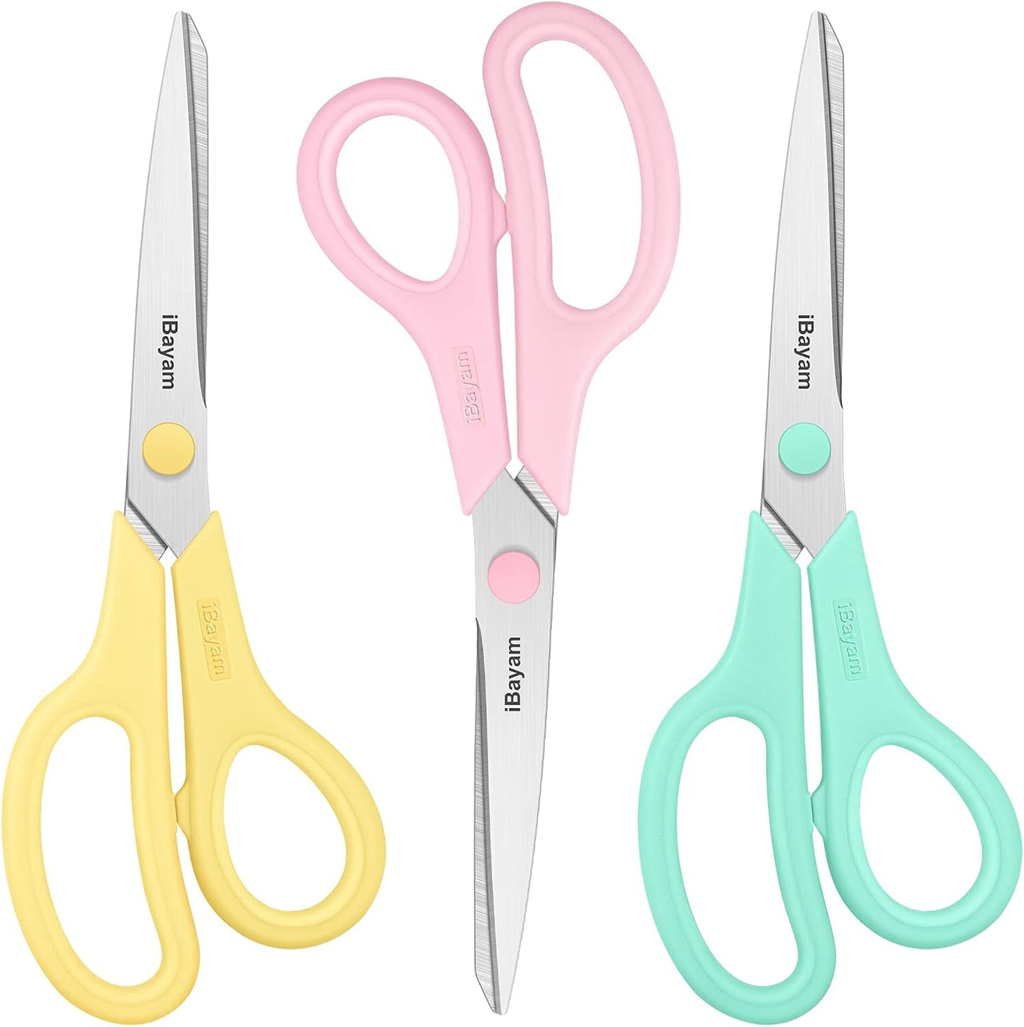 Scissors, iBayam 8" All Purpose Scissors Bulk 3-Pack, Ultra Sharp 2.5mm Thick Blade Shears Comfort-Grip for Aesthetic Fun Cute School Office Teacher Desk Crafts and Art Supplies Accessories Essential