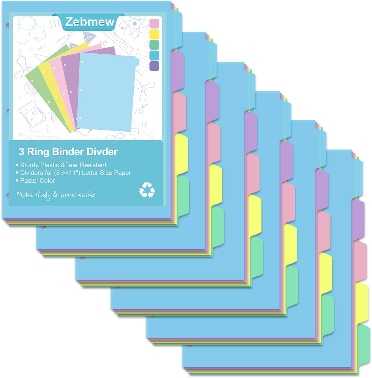 Cute 5 Tab Binder Dividers with Tabs, Write&Erase Plastic Dividers for 3 Ring Binder, Multicolor, Ring Binder Dividers with Tabs for School Office,6 Sets(30pcs)