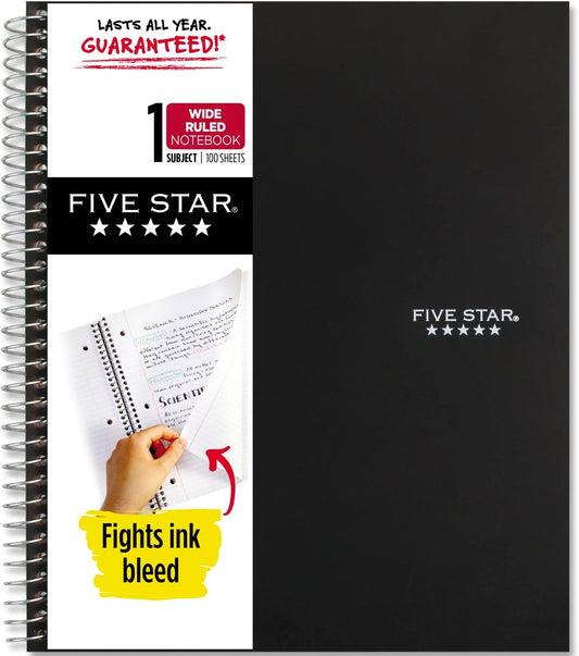 Five Star Spiral Notebook + Study App, 1 Subject, Wide Ruled Paper, 8" x 10-1/2", 100 Sheets, Fights Ink Bleed, Water Resistant Cover, Tidewater Blue (72875)