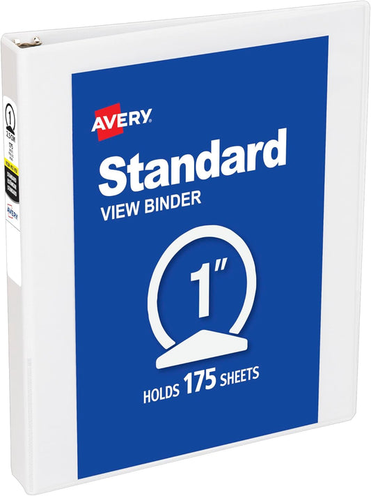 Avery Standard View 3 Ring Binder, 1" Round Rings, 175-Sheet Capacity, 1.4 Inch Wide Spine, 1 White Binder, Ideal for Lightweight Organization and Occasional Referencing (05760)