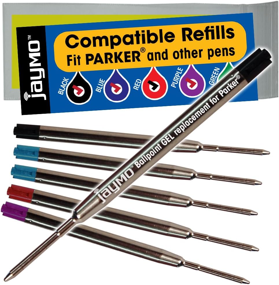 Jaymo Replacement for Parker 30525PP/30526PP and Bastion - Measures 3.875 in / 98 mm Long - G2 Gel Ballpoint Pen Refill - 2 Black + 2 Blue + Red + Purple