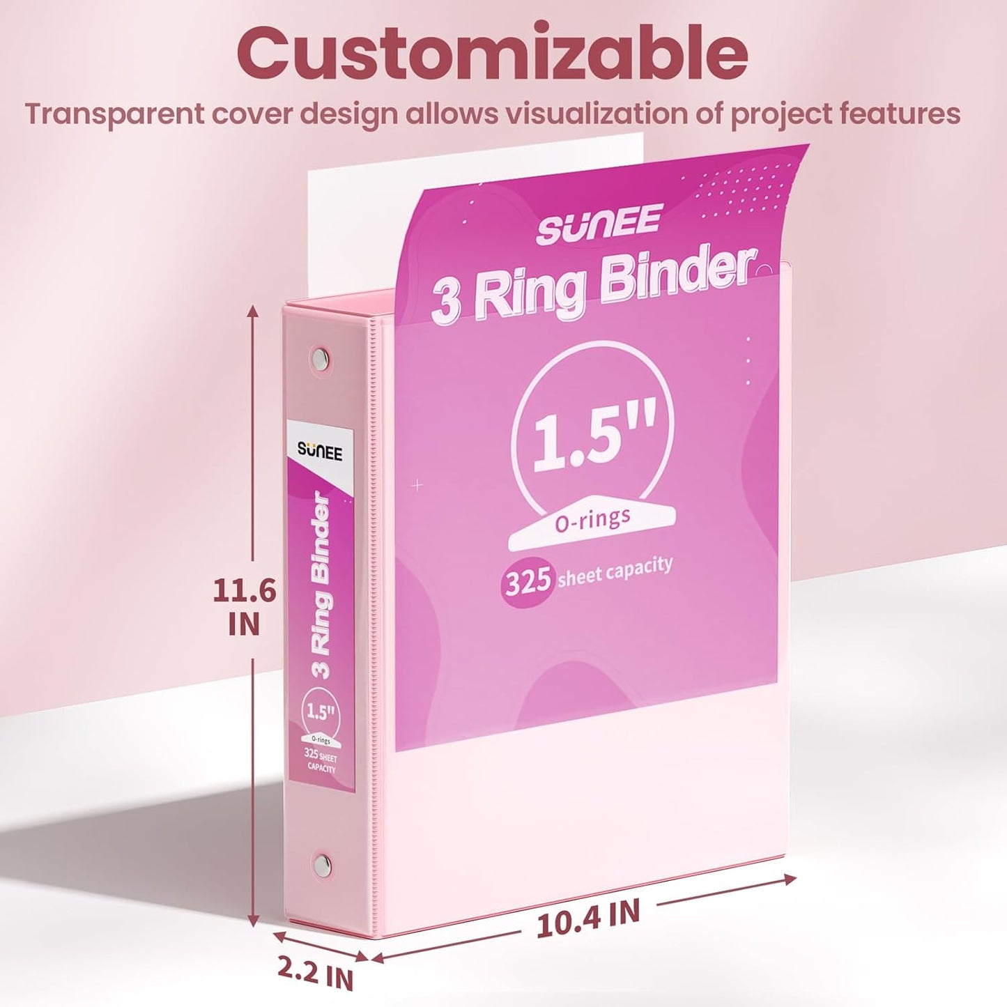 SUNEE 3 Ring Binder 3 Inch 2 Pack, Clear View Binder Three Ring PVC-Free (Fit 8.5x11 Inches) for School or Office Supplies, Pink
