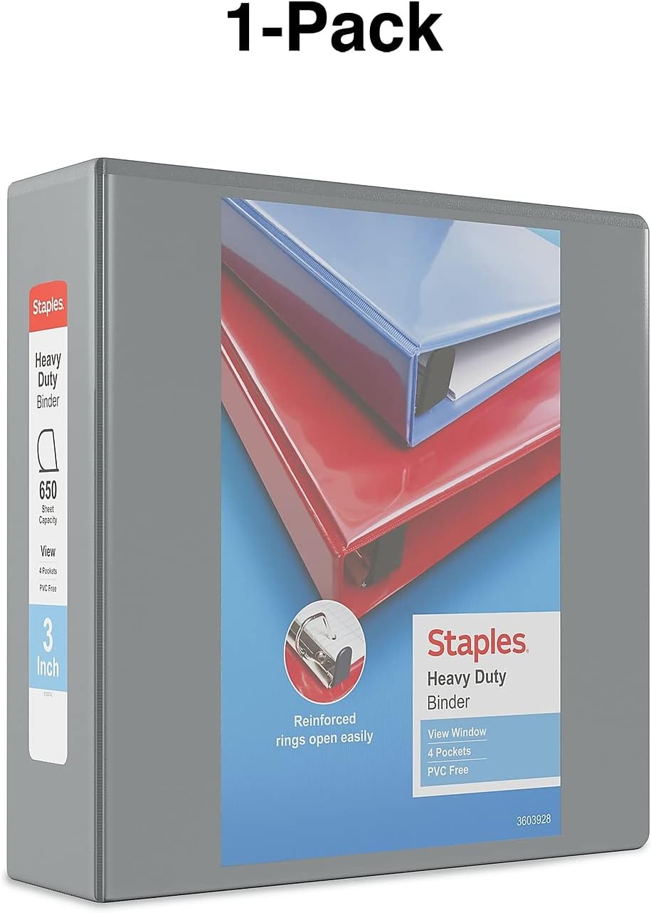 Staples Heavy-Duty 2-Inch D-Ring View Binder, Reinforced Spine, Holds Up to 450 Sheets, Gray, for Office & School