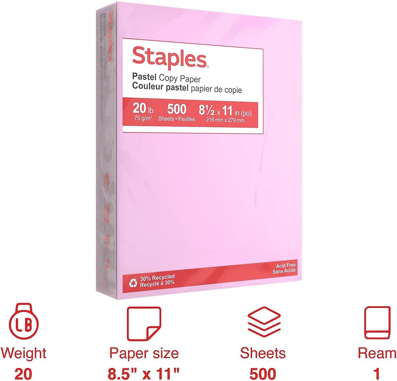 Staples Pastel Colored Copy Paper 8 1/2-Inch x 11-Inch Pink 500/Ream, For Office, School & Home