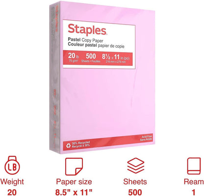 Staples Pastel Colored Copy Paper 8 1/2-Inch x 11-Inch Pink 500/Ream, For Office, School & Home