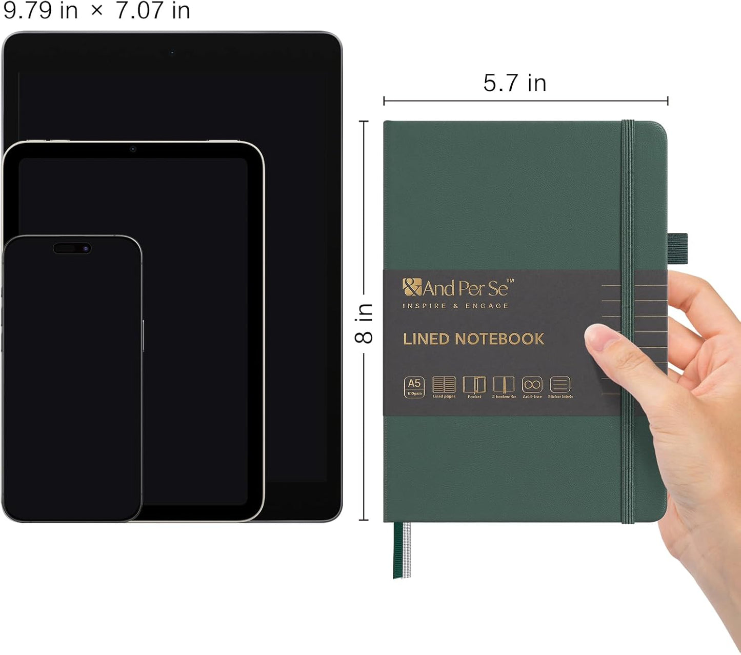 &And Per Se Lined Journal Notebook, 160 Pages, A5 5.7 x 8 inches College Ruled Thick Paper Notebook Journals for Writing, Hardcover Notebooks for Women Men Office School (1 Pack, Green) - Colors B