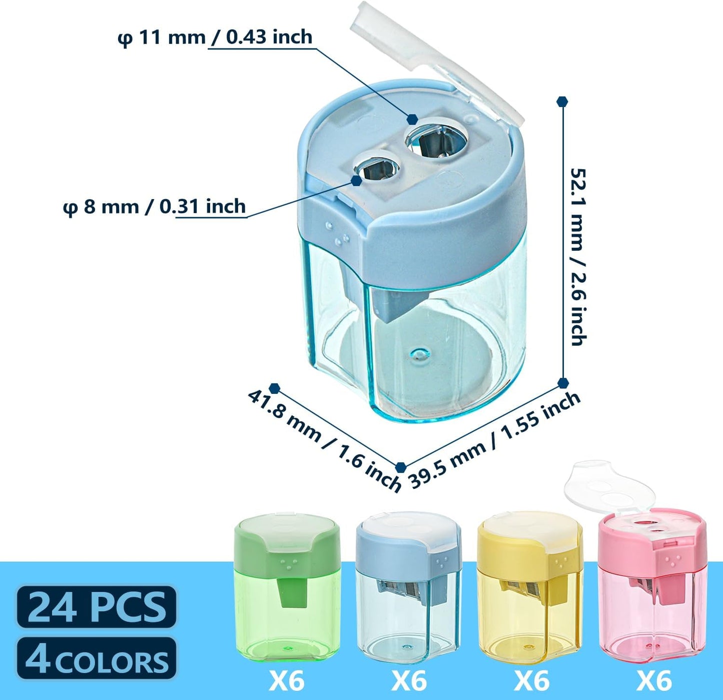 Colored Manual Pencil Sharpeners in Bulk, BOPART 24pcs Small Handheld Pencil Sharpener Dual Holes with Lid for Kids Adults at Classroom School Office Home (24Pcs Sharpeners - D)