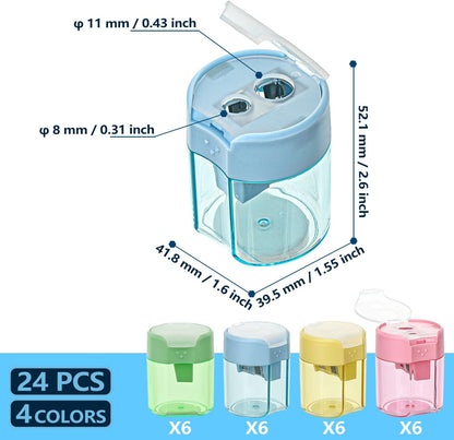 Colored Manual Pencil Sharpeners in Bulk, BOPART 24pcs Small Handheld Pencil Sharpener Dual Holes with Lid for Kids Adults at Classroom School Office Home (24Pcs Sharpeners - D)
