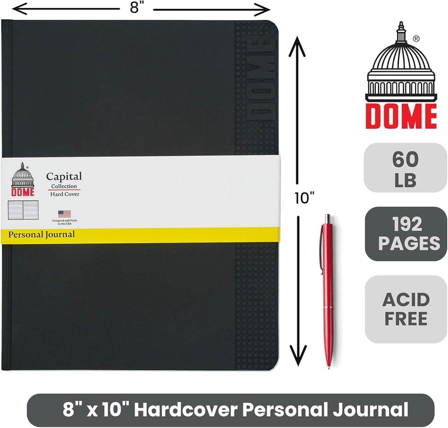 DOME Personal Journal – 8 x 10 Inch Hardcover Lined Journal Notebook, 192 Pages, Black, Premium Acid-Free 60-lb Thick Paper, Inner Pocket, Made in USA
