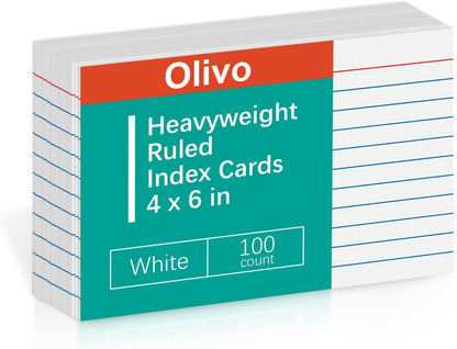 Index Cards 4x6 Lined Ruled Flash Note Cards 4" x 6", White, 100 Count, 220 GSM Heavy Weight