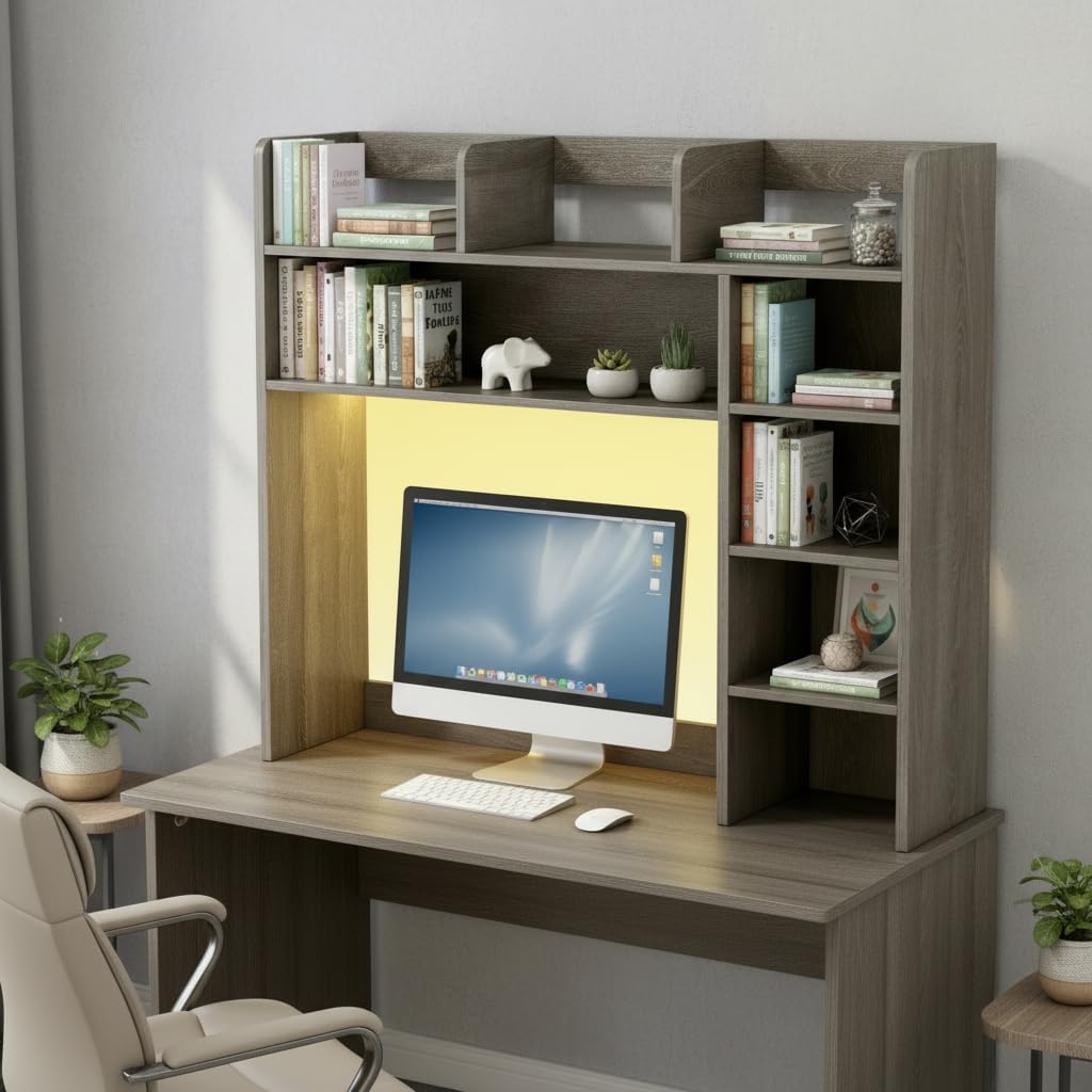Tangkula Desktop Bookshelf, Countertop Storage Hutch with 5 Shelves for Computer Desk, Desk 3-Tier Display Rack, Multipurpose Wood Desktop Hutch Storage Organizer for Dorm Office Home