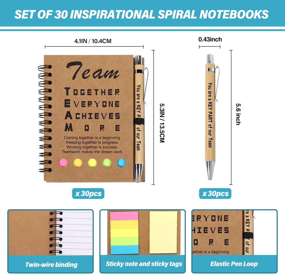 30 Sets Employee Appreciation Gifts Bulk Inspirational Spiral Notebook with Sticky Note and Motivational Bamboo Pens Thank You Gifts for Employees Coworkers,Teachers,Nurse,Office Staff,Team,Volunteer