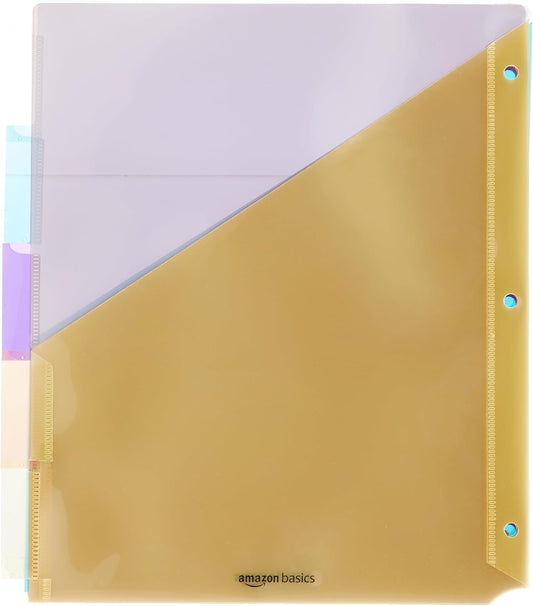 Amazon Basics Tab Dividers for 3 Ring Binder, Two Pocket, Letter Size, Transparent Assorted Colors, 24 Count