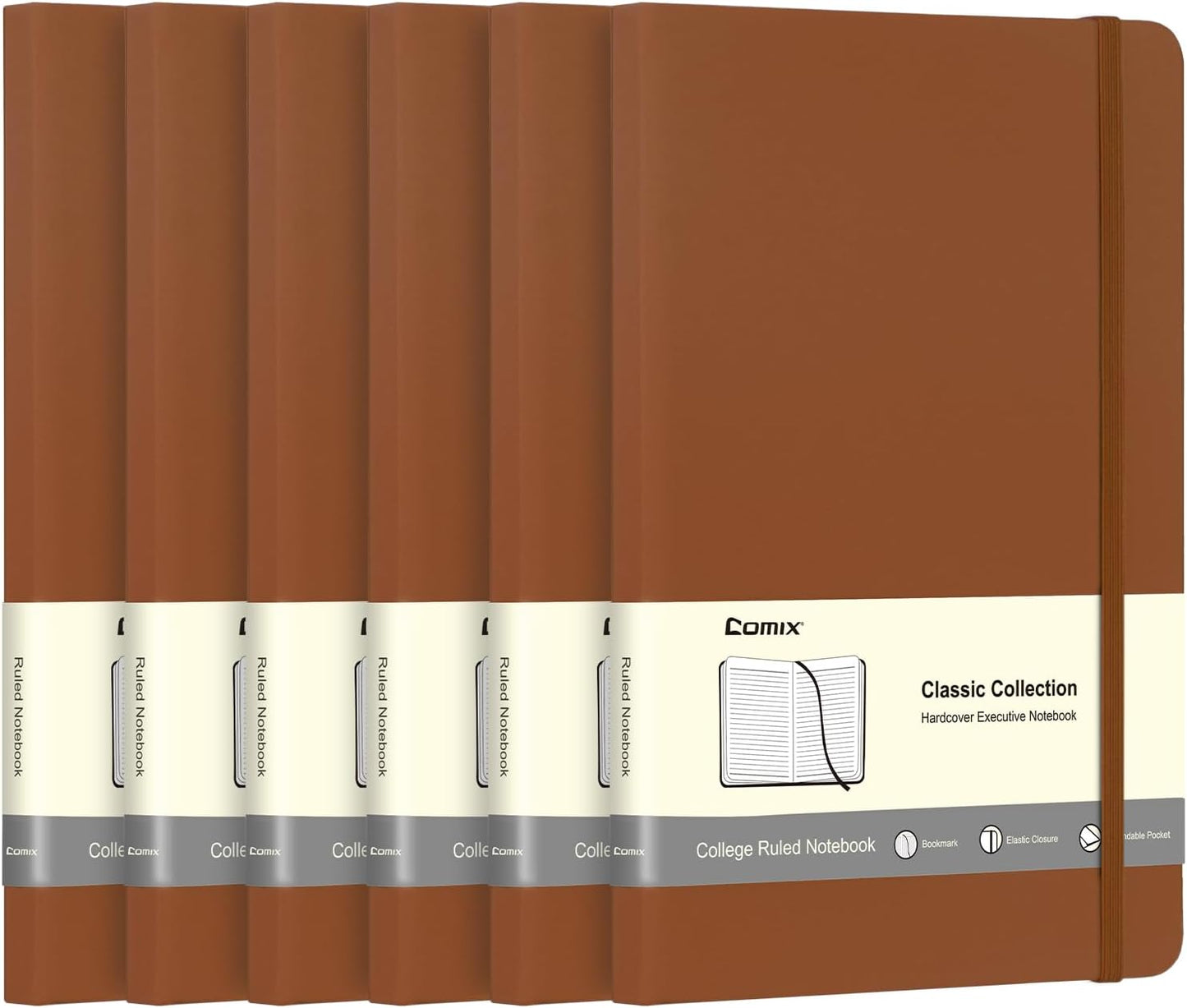 Comix 6 Pack Lined Journal Notebooks for Work, 240 Pages, 5.5"x8.3", Black, Hardcover, A5 Medium College Ruled, Journaling Notebooks for Notes-Taking, Fits for Office School Home