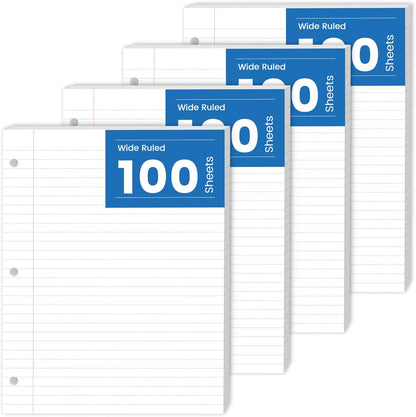 Loose Leaf Paper, 300 Sheets Filler Notebook Paper, 3-Hole Punched Binder Papers 8-1/2 x 11 In, Wide Ruled Lined Paper 8.5 x 11 for 3 Ring Binder, White, 3 Pack, 100 Sheets/Pad