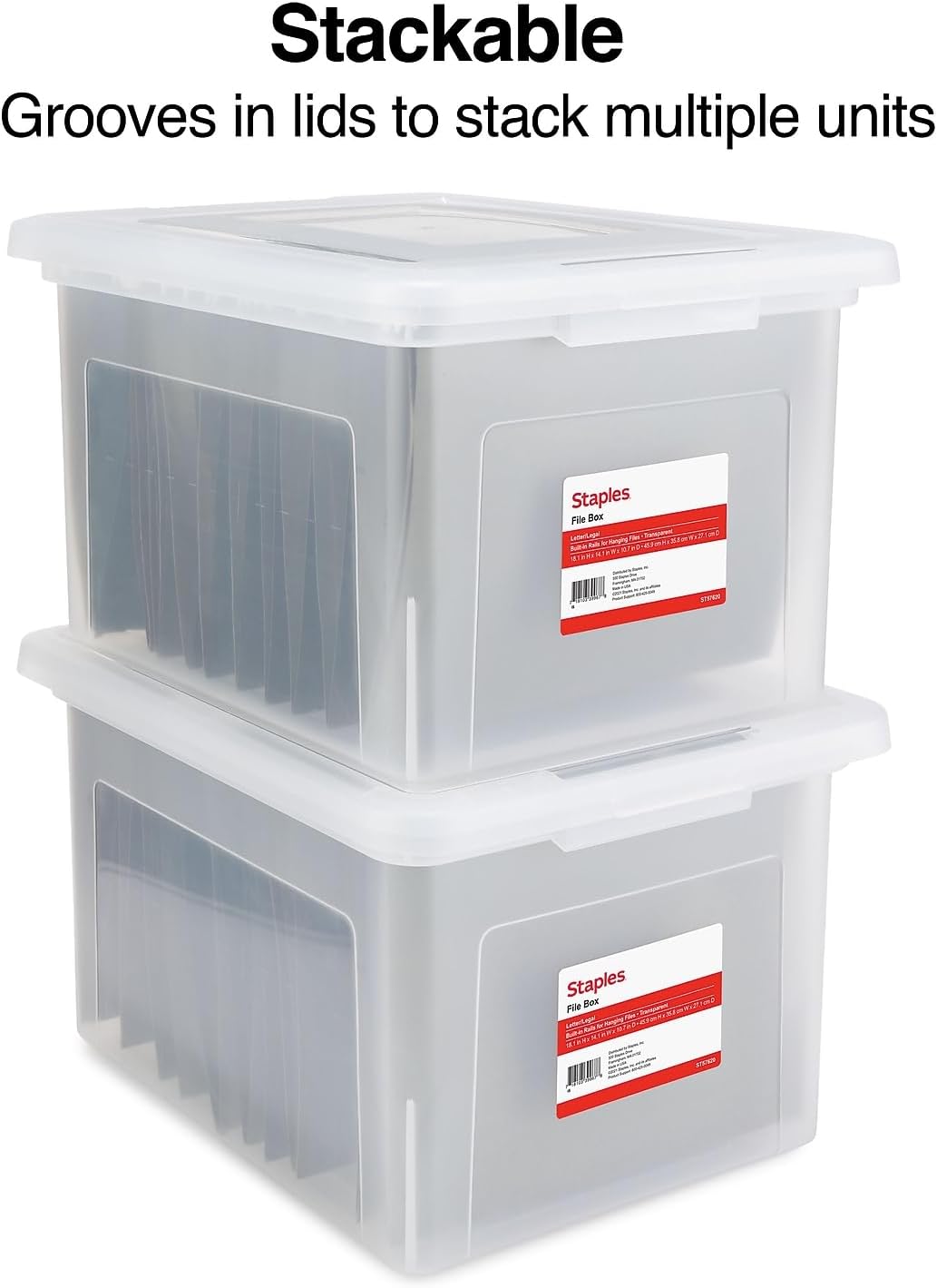 STAPLES File Folder Tote, Portable Filing Box for Letter SIze Hanging Folders, Security Latch & Built-In Lid Organizer, Black/Clear