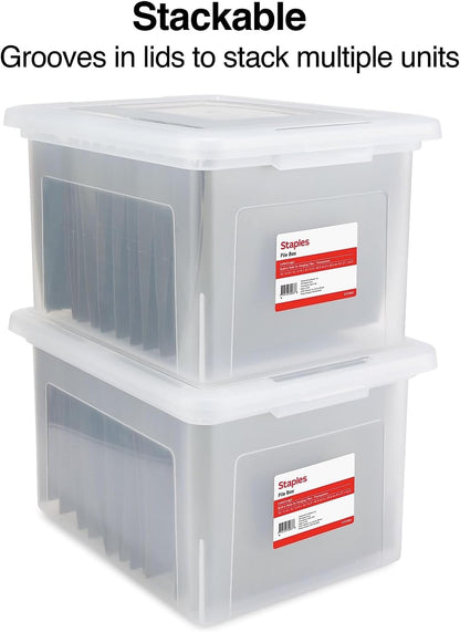 STAPLES File Folder Tote, Portable Filing Box for Letter SIze Hanging Folders, Security Latch & Built-In Lid Organizer, Black/Clear