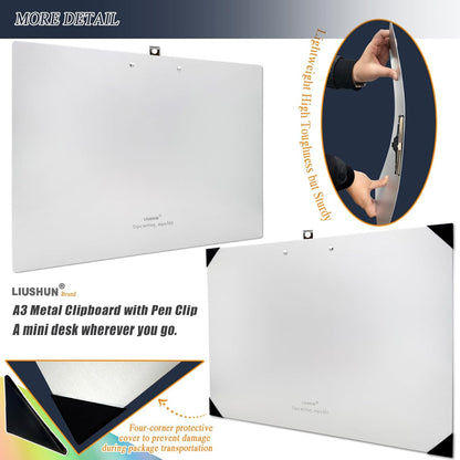 Three Clip Aluminum 11x17 Clipboard Metal Stainless Hangable Clipboards Art Pen Holder Extra Large Clip Board for Business Medical Professionals Workshop (Silver, A3-3Clip)