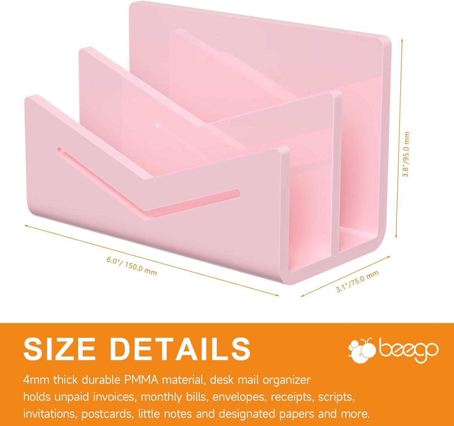 Beego Envelope and Mail Organizer Countertop - 3 Compartments Black Acrylic Desk Organizer Letter Holder Desktop File Sorter Bill Document Folder Rack for Office, Home, School Desk Organization