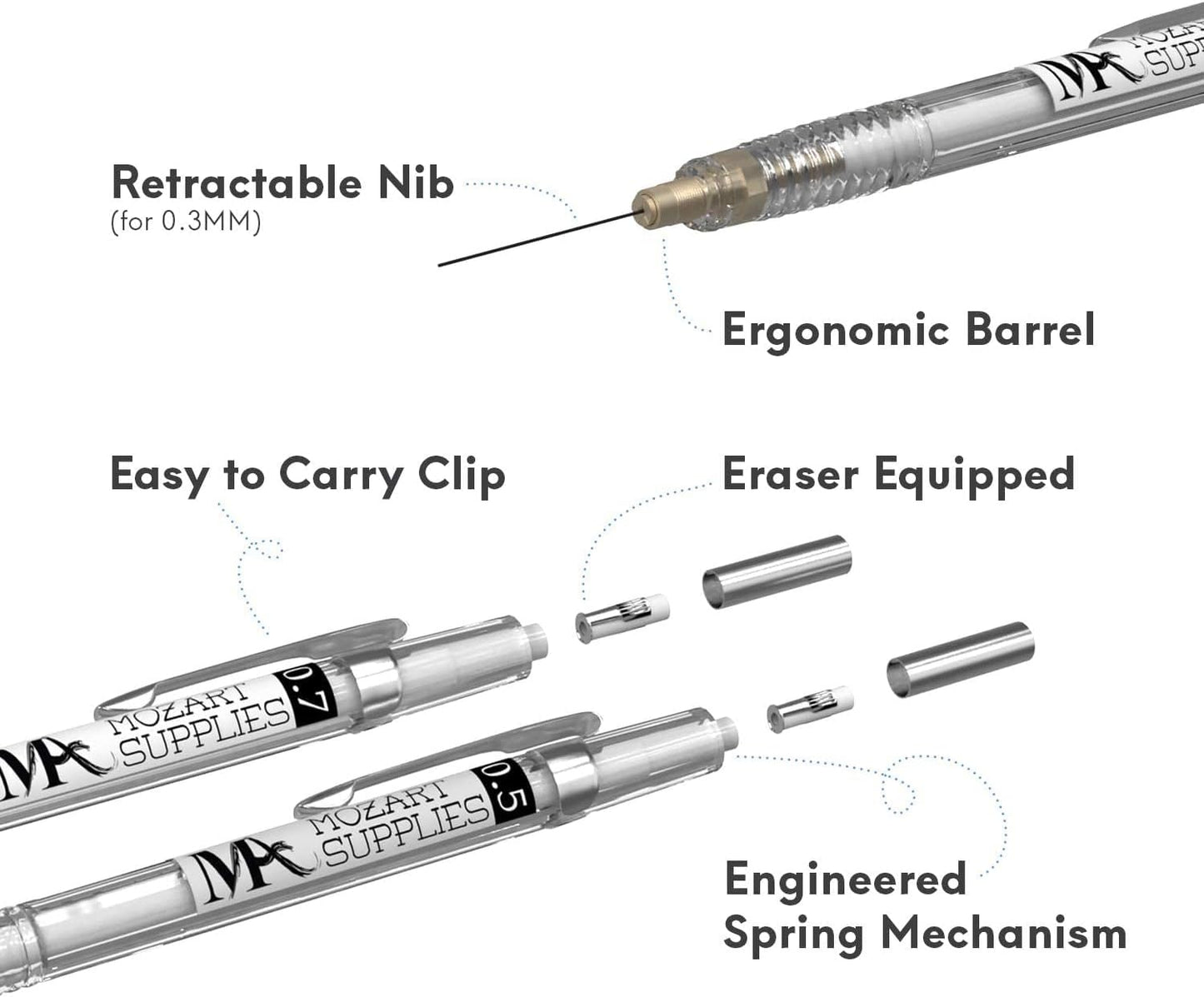 Mozart Essential Set of Lead Refills - 4 Sizes: 0.3, 0.5, 0.7 & 0.9 mm with 100 HB Lead Refills for Each - for Sketch, Architecture, Drafting, Art, Drawing Supplies, Metal Mechanical Pencils