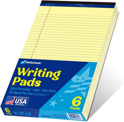 6 Pack Legal Note Pads Wide Ruled 8.5" x 11" Writing Pads (50 Sheets/Pad) White Recycled Paper Micro-Perforated Notepad Hard Back Notepads for Office & School Supplies - Made in USA