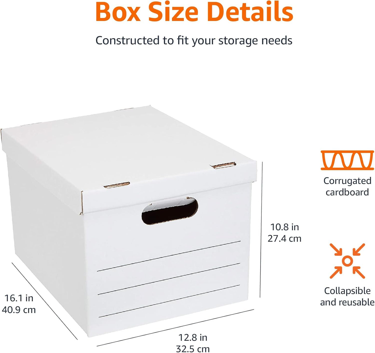 Amazon Basics Storage/Filing Boxes with Lift-Off Lid, Letter/Legal Size, Collapsible, Tape-Free Assembly, White, 16.2" L x 12.5" W x 10.5" H, 20-Pack