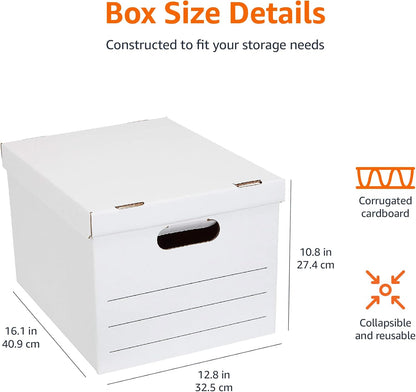 Amazon Basics Storage/Filing Boxes with Lift-Off Lid, Letter/Legal Size, Collapsible, Tape-Free Assembly, White, 16.2" L x 12.5" W x 10.5" H, 20-Pack