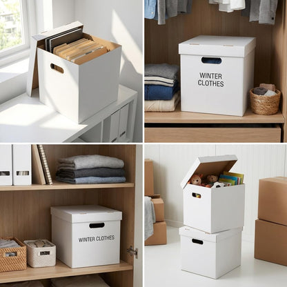 CRUGLA Vinyl Record Storage Boxes with Lids 7 Pack, 13 Inch Cube, Collapsible Corrugated Cardboard, Quick Fold Assembly with Pre-Applied Adhesive, Side Cut-Out Handles, Home Office Organizer, White