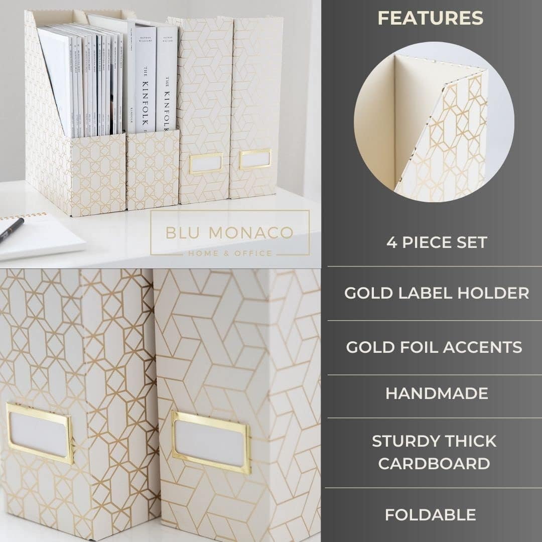BLU MONACO | Cardboard Magazine File Holder Set of 4 | Vertical Magazine File Holder for Desk and Shelves | Standing File Holder for Classroom School Paper Storage