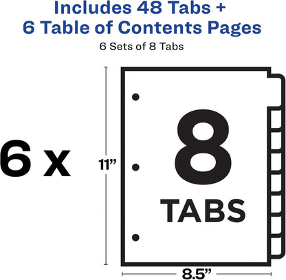 Avery 8 Tab Dividers for 3 Ring Binders, Customizable Table of Contents, Classic White Tabs, 6 Sets (11822)