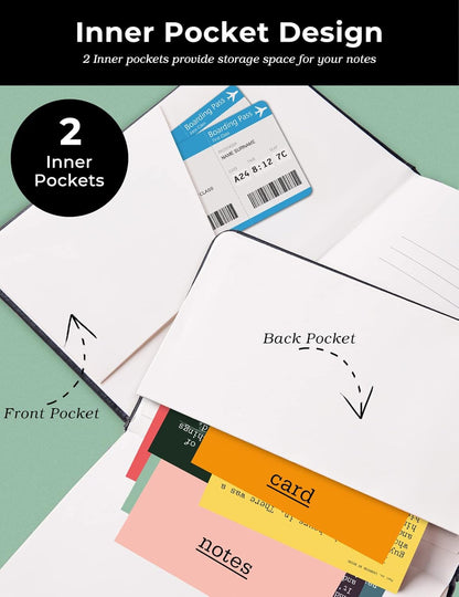 AISBUGUR Pocket Notebook Small Notebook 2-Pack, 3.7" x 5.7" Pocket Notebooks Hardcover with Thick Lined Paper, Inner Pockets, Cover Letter Embossing Design Mini Journal Notepad Black+Brown