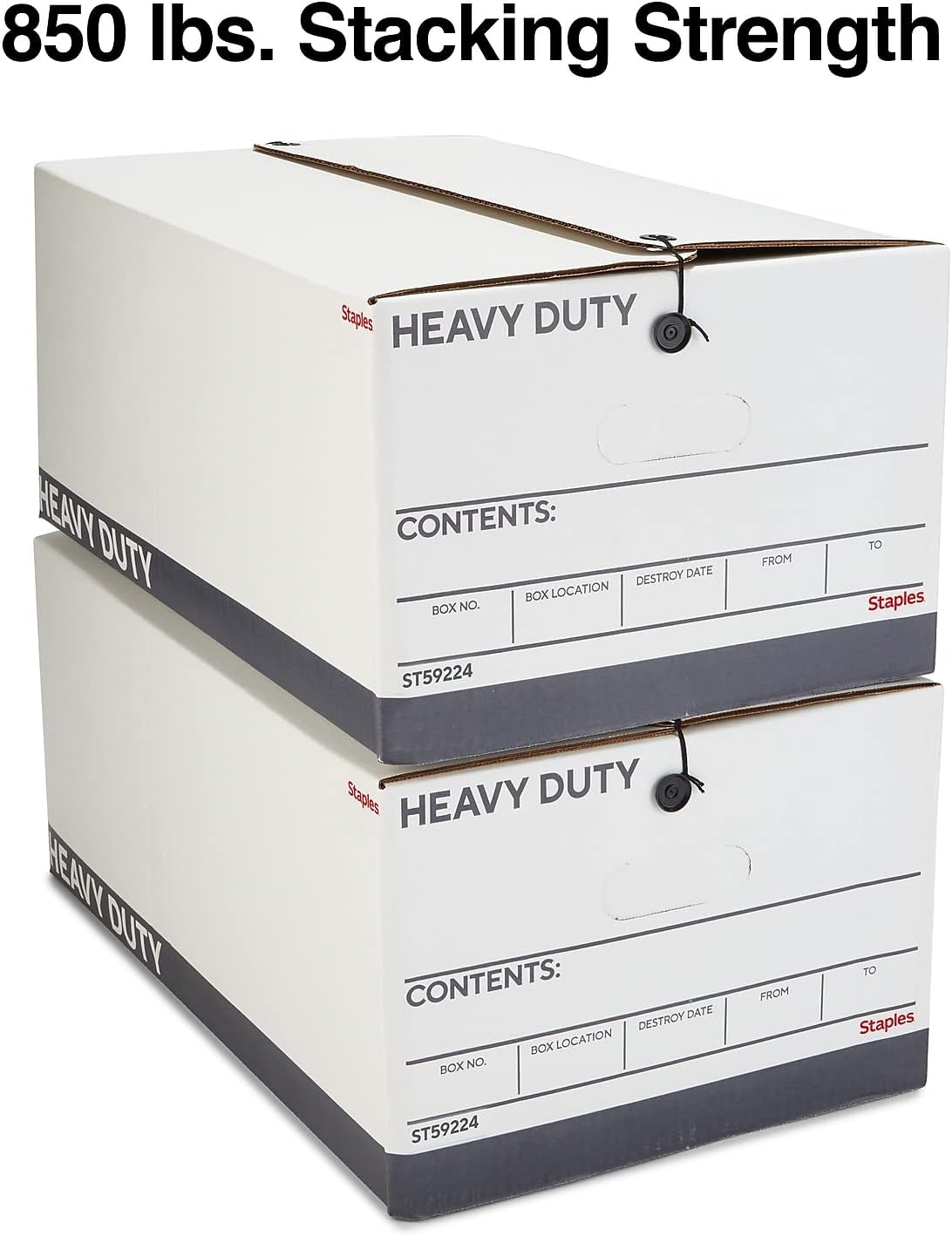 STAPLES Storage & Filing Box, Heavy-Duty with Handles & String-Button Lid, Letter Size Documents, Stackable, 4-Pack, White/Gray