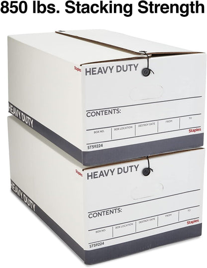 STAPLES Storage & Filing Box, Heavy-Duty with Handles & String-Button Lid, Letter Size Documents, Stackable, 4-Pack, White/Gray