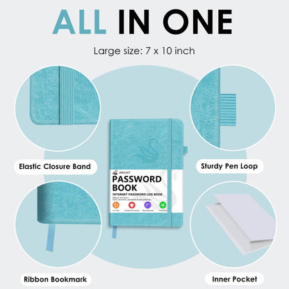 Elegant Password Book with Alphabetical Tabs - Hardcover Password Book for Internet Website Address Login - 5.2" x 7.6" Password Keeper and Organizer w/Notes Section & Back Pocket (Turquoise)