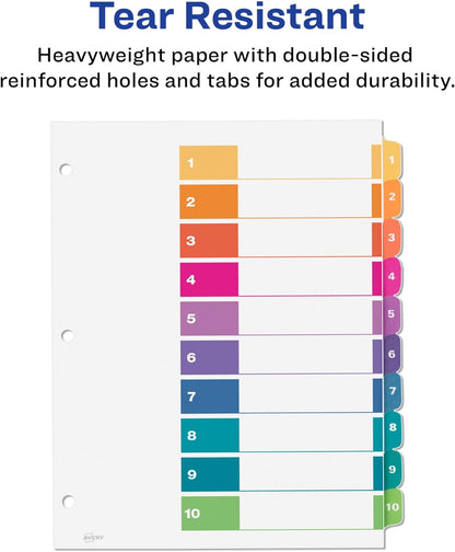 Avery 10 Tab Dividers for 3 Ring Binders, Customizable Table of Contents, Multicolor Tabs, 6 Sets (11188)