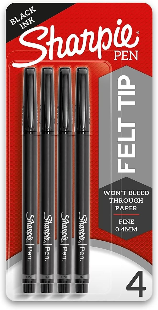 Sharpie Felt Tip Pens, Fine Point (0.4mm), Black, 4 Count - Art Markers, Journaling, Drawing