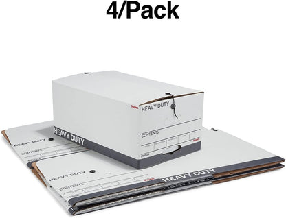 STAPLES Storage & Filing Box, Heavy-Duty with Handles & String-Button Lid, Letter Size Documents, Stackable, 4-Pack, White/Gray