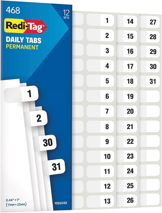 Redi-Tag Daily Adhesive Tabs, Preprinted Daily Tab, 12 Sets of 1-31 plus withBonus Blank Tabs, 7/17" x 1", Durable and Customizable Labels with Permanent Adhesive for Planners & Files, White (1006548)