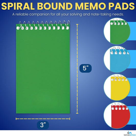 1InTheOffice Wirebound Spiral Memo Books, Memo Pads, 3" x 5", College Ruled, Small Notepad 3x5, Assorted, 75 Sheets/Pad, 25 Pads/Pack